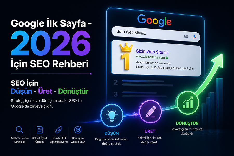 Google İlk Sayfa &ndash; 2026 İ&ccedil;in SEO Rehberi: SEO İ&ccedil;in D&uuml;ş&uuml;n &ndash; &Uuml;ret &ndash; D&ouml;n&uuml;şt&uuml;r